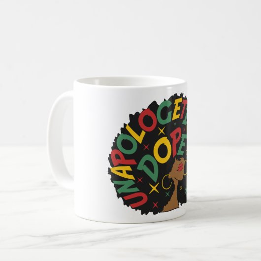 Unapologetisch dope Black Girl Afro Kaffeetasse (Vorderseite Links)