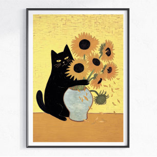 Unartige schwarze Katze Sonnenblume Malstil Poster