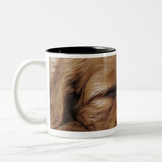 Unbekümmertes Königcharles Spaniel-Welpenschlafen Zweifarbige Tasse (Links)