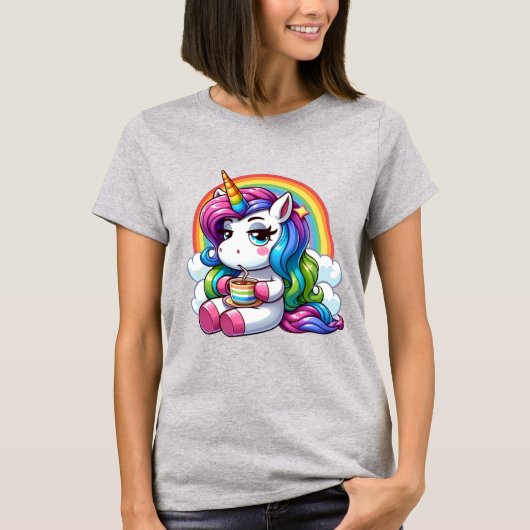 Unbothered Unicorn Sipping Coffee Under a Rainbow T-Shirt (Vorderseite)