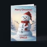 Uncle Christmas Snowman Feiertagskarte<br><div class="desc">Eine festliche Winterszene,  die einen fröhlichen Schneemann in einem roten Hut und Schal zeigt. Wünschen Sie Ihrem Onkel frohe Weihnachten mit einer schönen Schneemannskarte.</div>