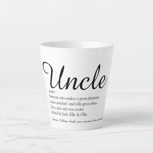 Uncle Cool Fun Elegantes Skript Schwarz und Weiß Milchtasse (Vorderseite)