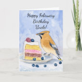 Uncle Happy February Birthday Cedar Waxwing Cake Karte (Vorderseite)