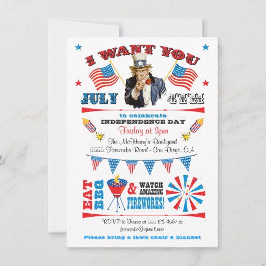Uncle Sam 4. Juli Barbecue Grillen Party Einladung (Vorderseite)