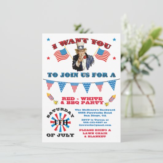 Uncle Sam 4. Juli Barbecue Grillen Party Einladung (Stehend Vorderseite)