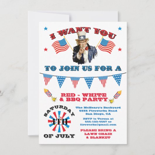Uncle Sam 4. Juli Barbecue Grillen Party Einladung (Vorderseite)