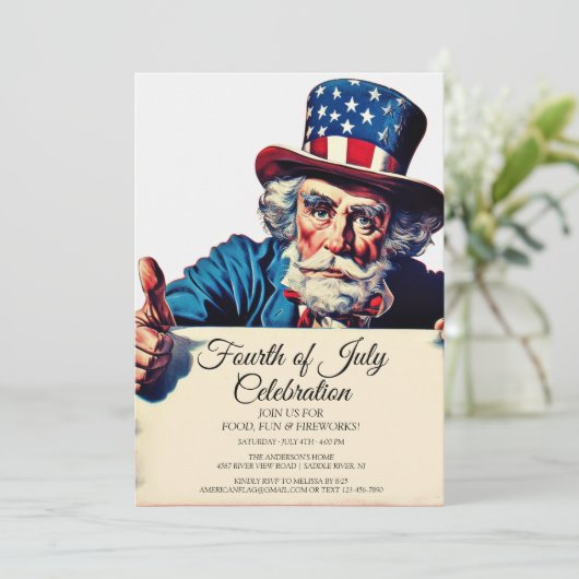 Uncle Sam and Simple Amerikanische Unabhängigkeits Einladung (Stehend Vorderseite)