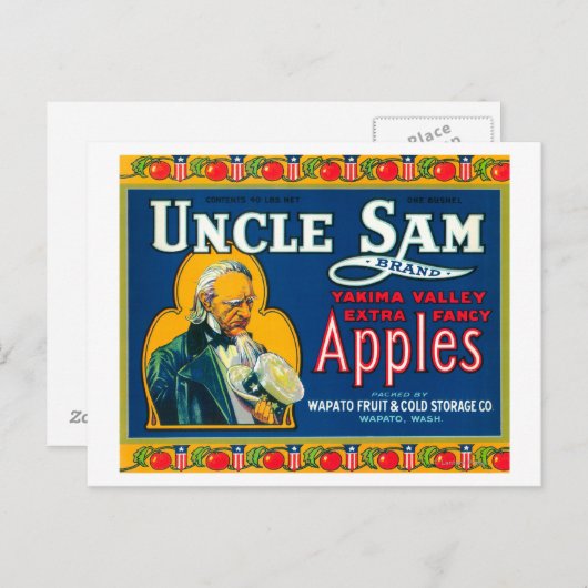 Uncle Sam Apple Label (blau) - Wapato, WA Postkarte (Vorne/Hinten)