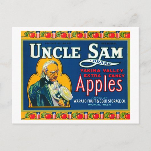 Uncle Sam Apple Label (blau) - Wapato, WA Postkarte (Vorderseite)