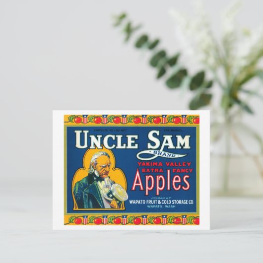 Uncle Sam Apple Label (blau) - Wapato, WA Postkarte (Stehend Vorderseite)