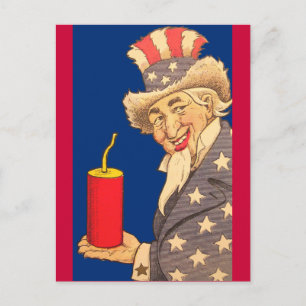 Uncle Sam mit einem Riesenfirecracker am 4. Juli Postkarte