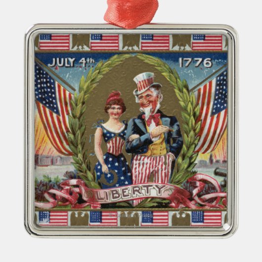 Uncle Sam Und Dame Liberty Silbernes Ornament (Vorne)