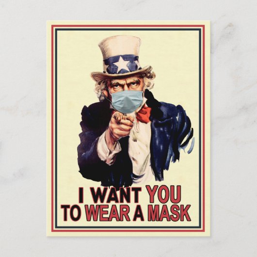 Uncle Sam Will dir, eine Gesichtsmaske USA zu trag Postkarte (Vorderseite)