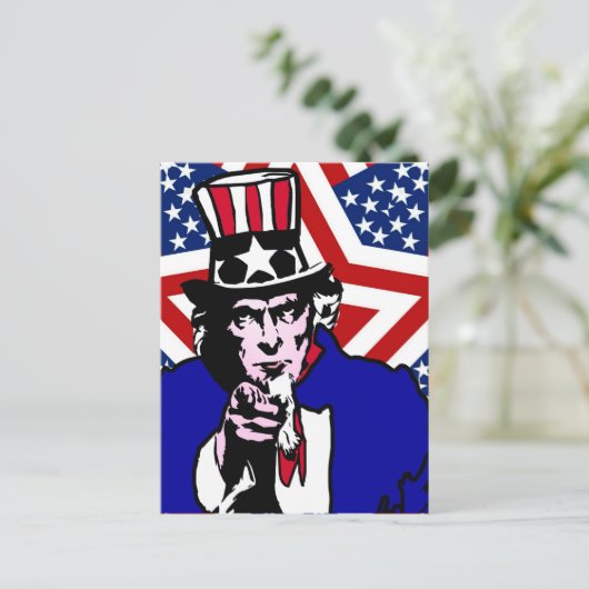 Uncle Sam with Stars & Stripes Hintergrund Postkarte (Stehend Vorderseite)