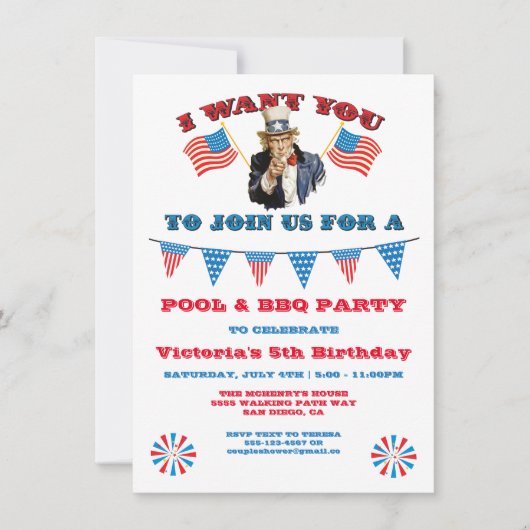 Uncle Same 4. Juli Party rot und blau Einladung (Vorderseite)