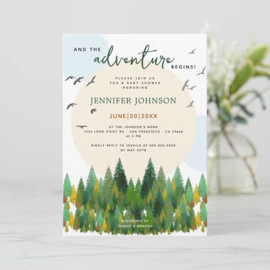 Und das Abenteuer beginnt mit der Woodland Baby-Du Einladung (Stehend Vorderseite)