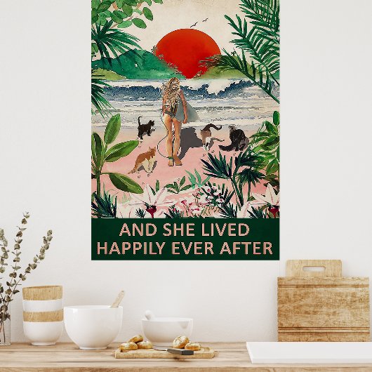 Und sie lebte glücklich Katzen, die vertikal surfe Poster (Küche)