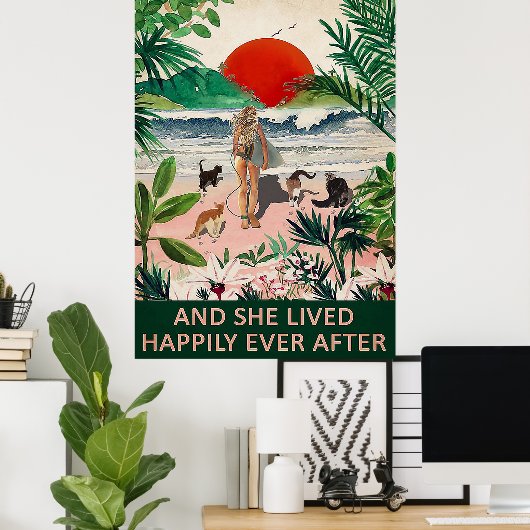 Und sie lebte glücklich Katzen, die vertikal surfe Poster (Heimbüro)