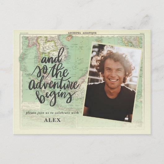 Und so beginnt das Abenteuer Foto Abschluss Einladungspostkarte (Vorderseite)