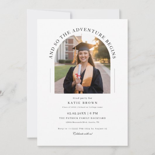 Und so beginnt das Adventure Grand Party Arch Foto Einladung (Vorderseite)