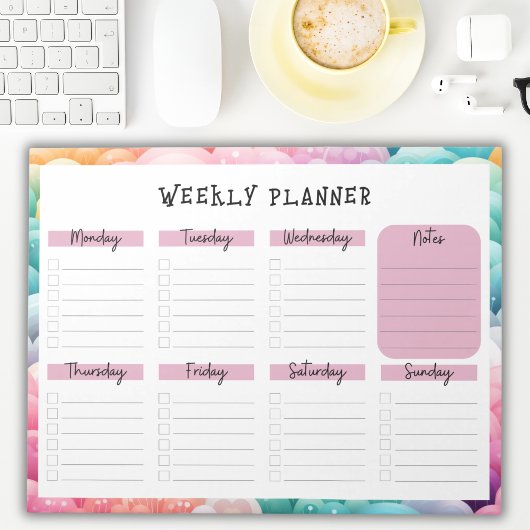 Undated Weekly Planner, Rainbow Cloud Border Notep Notizblock