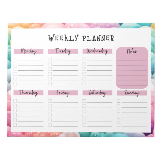 Undated Weekly Planner, Rainbow Cloud Border Notep Notizblock (Vorderseite)