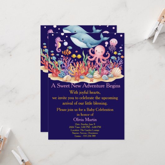 Under Sea Whale Baby Shower Custom Invitation Einladung (Vorderseite/Rückseite Beispiel)