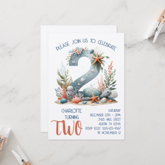 Under the Sea 2nd Birthday Party Invite (Vorderseite/Rückseite Beispiel)
