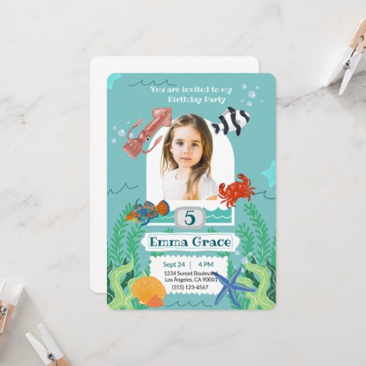 Under the Sea 5th Birthday Invitation with Photo  Einladung (Vorderseite/Rückseite Beispiel)