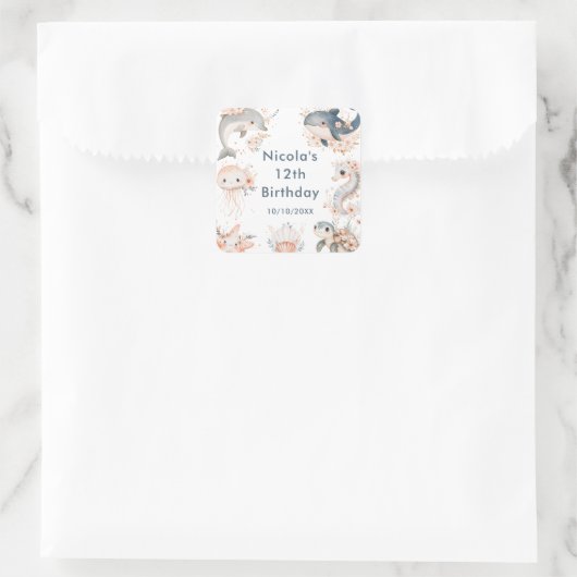 Under The Sea Animals Birthday Party Quadratischer Aufkleber (Tasche)