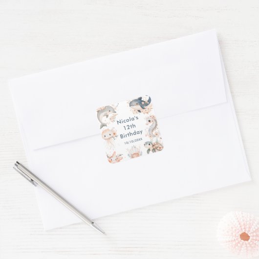 Under The Sea Animals Birthday Party Quadratischer Aufkleber (Umschlag)