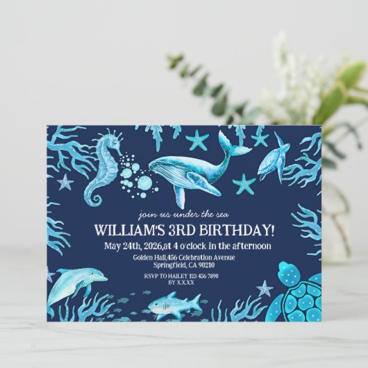 Under the Sea birthday invitation, ocean boy Einladung (Stehend Vorderseite)