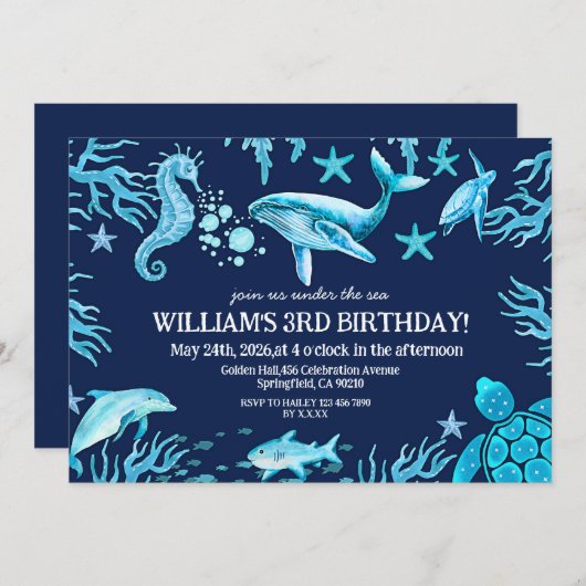 Under the Sea birthday invitation, ocean boy Einladung (Vorne/Hinten)