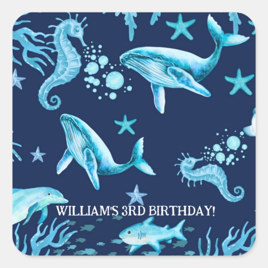 Under the Sea birthday invitation, ocean boy Quadratischer Aufkleber (Vorderseite)
