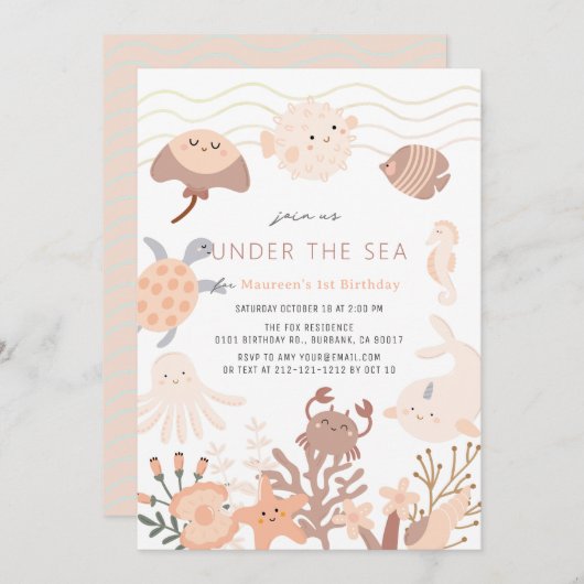 Under the Sea Creatures Pink Girl Birthday Einladung (Vorne/Hinten)