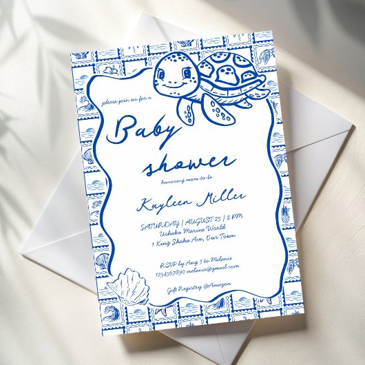 Under the sea cute turtle blue baby shower einladung