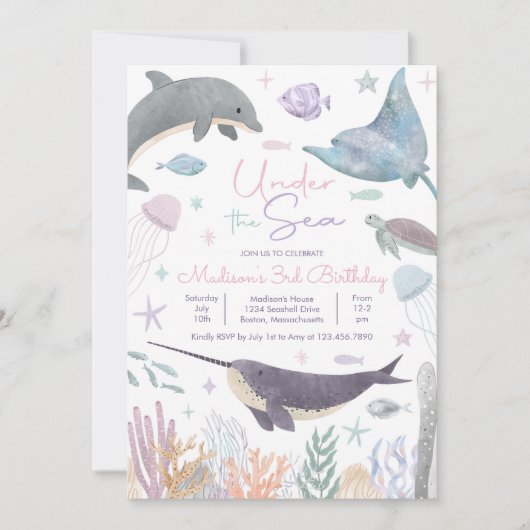 Under the Sea Dolphin Narwhal Sea Life Birthday Einladung (Vorderseite)