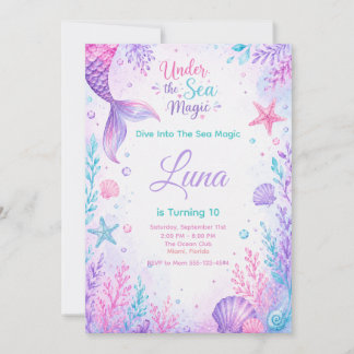 Under the Sea Magic Watercolor Mermaid Birthday Einladung