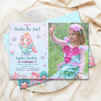 Under the sea Mermaid Birthday Girl with Photo Einladung