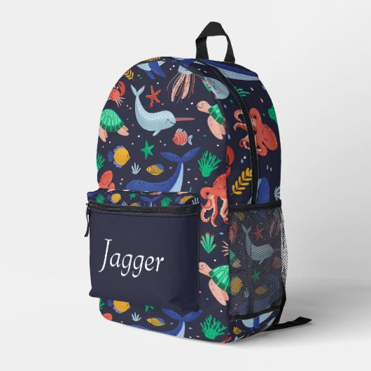 Under the Sea Navy Blue Personalized Name Backpack Bedruckter Rucksack (Rückseitige Ecke Rechts)