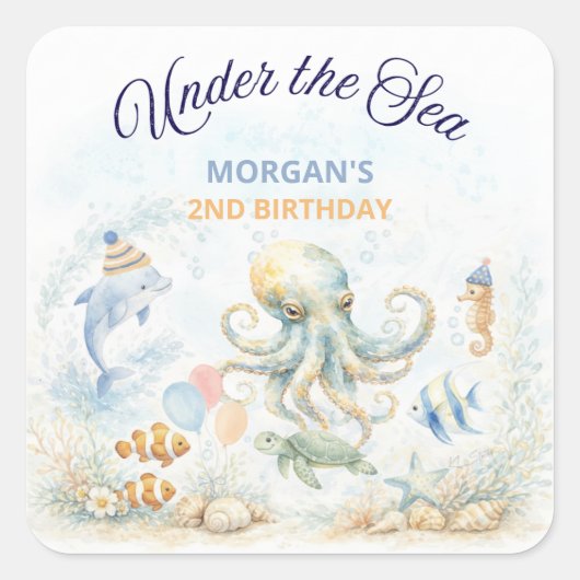 Under the Sea Ocean Animals Octopus Birthday Quadratischer Aufkleber (Vorderseite)