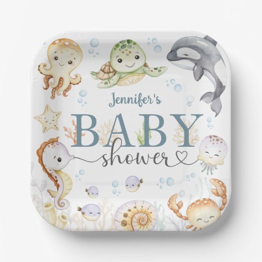 Under The Sea Ocean Baby Shower Gender Neutral Pappteller (Vorderseite)