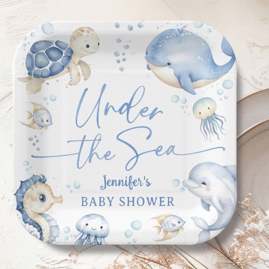 Under The Sea Ocean Baby Shower Junge Dusty Blue Pappteller