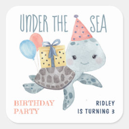 Under The Sea Turtle Kids Beach Birthday Quadratischer Aufkleber
