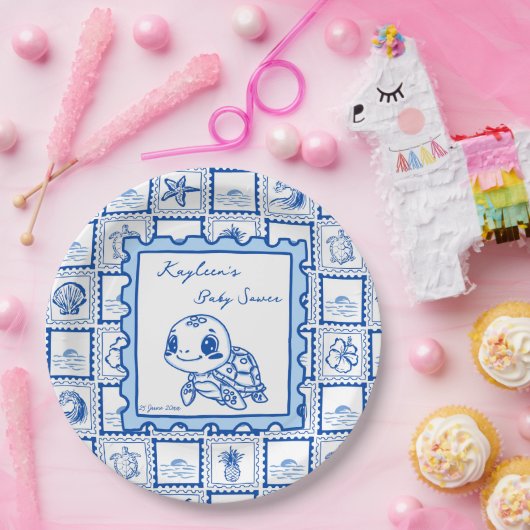 Under the sea turtle retro post stamp monogrammed pappteller (Party)