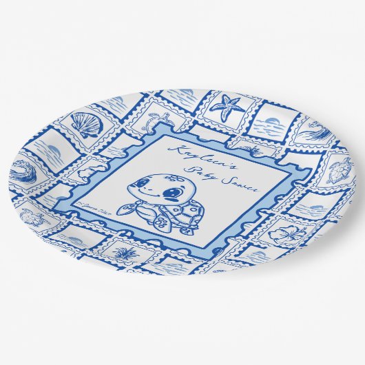 Under the sea turtle retro post stamp monogrammed pappteller (Schrägansicht)