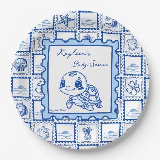 Under the sea turtle retro post stamp monogrammed pappteller (Vorderseite)