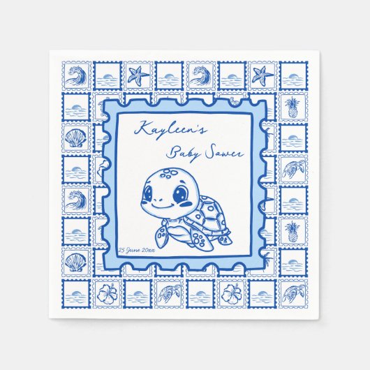 Under the sea turtle retro post stamp monogrammed serviette (Vorderseite)