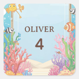 Under the Sea Waterproof Labels, Oliver Name Label Quadratischer Aufkleber