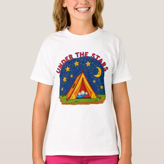 Under the Stars Kids Camping Drawing T-Shirt (Vorderseite)
